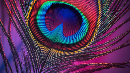 Macro view of a peacock feather eye with striking iridescent blues greens and pinks under...