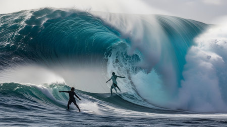 Colossal showing two surfers riding massive turquoise ocean waves with white foam and spray...