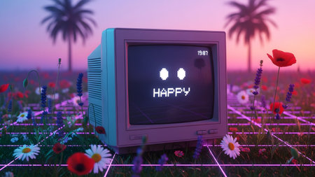 A retro computer screen the word HAPPY and a time display in a neon-lit flower field....