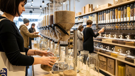 Waste showing woman filling glass jar with lentils from bulk dispenser in a zero waste grocery...の写真素材