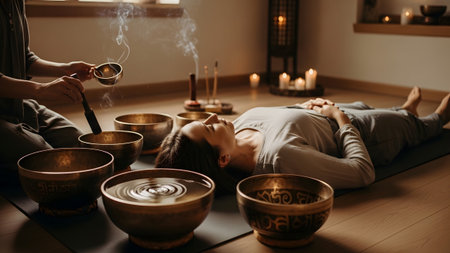 A woman lies on a yoga mat with Tibetan singing bowls, one filled with water showing clear ripples.