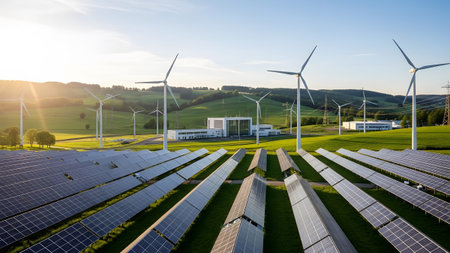Arrays showing sunlit green landscape featuring solar panel arrays and wind turbines with...