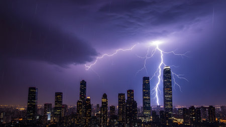 A powerful lightning bolt illuminates a dark city skyline with skyscrapers during a nighttime...の写真素材