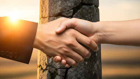 A handshake occurs across a rough, cracked stone pillar, bathed in warm sunlight on the left...の写真素材
