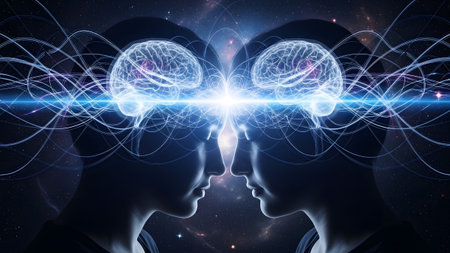 Profile showing two human heads in profile with glowing brains and cosmic energy streams...の写真素材