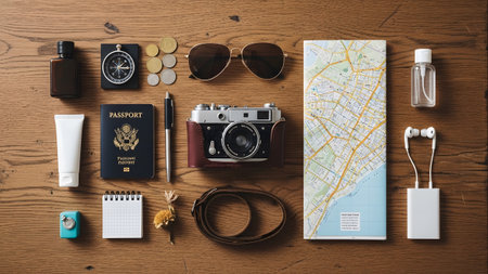 Wooden showing travel essentials arranged neatly on a wooden surface featuring a camera and...