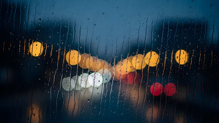 Streaks showing vertical streaks of water on glass with blurred yellow and red city lights at...の写真素材