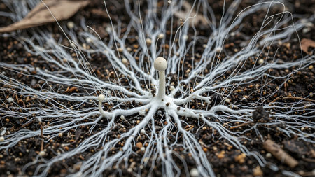 White mushroom sprouting from a dense white mycelial network in dark soil.