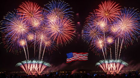 Blue showing two large fireworks in red blue and white flank a waving american flag at night....の写真素材