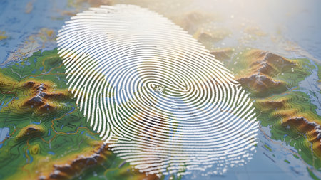 A white fingerprint pattern is centered on a topographic map showing green hills and blue water