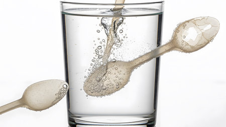 Spoons showing two plastic spoons are shown with one submerged in a glass of clear water with...の写真素材