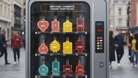 A modern vending machine bottles filled with colored liquids labeled with emotions like love and...