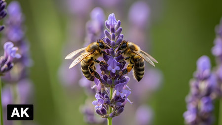Two honeybees are positioned on a single purple lavender bloom, captured in a detailed macro...の写真素材