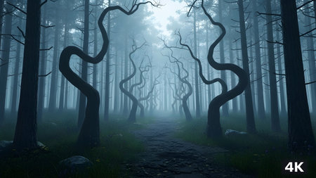 Light showing twisted bare trees forming an archway on a misty forest path with soft light.の写真素材