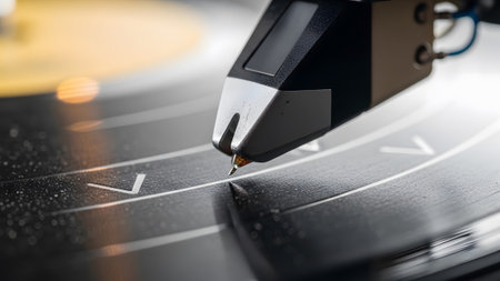 Stylus showing turntable stylus and vinyl record grooves with subtle markings and bokeh.