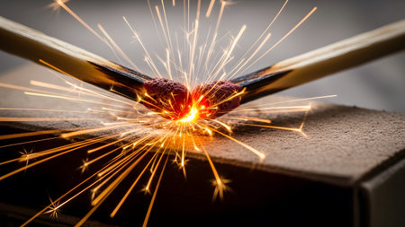 Two wooden matches ignite with a burst of bright orange sparks against a dark textured surface.の写真素材