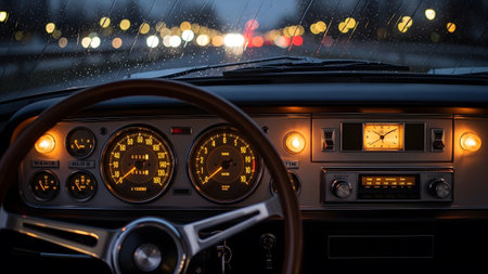 (3449) showing vintage car dashboard with illuminated gauges and steering wheel at night.の写真素材