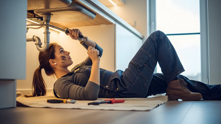 Wrench showing woman in dark grey overalls lying on a mat fixing kitchen sink pipes with wrench....の写真素材