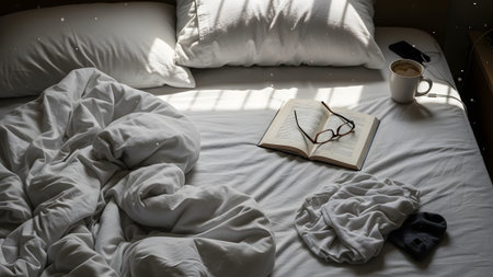 Unmade showing unmade bed with rumpled white sheets, open book, glasses, and coffee cup.の写真素材