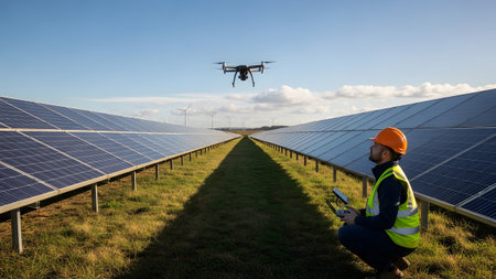 Remote showing worker with drone remote controls in solar panel field with wind turbines.