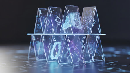 House showing transparent playing cards form a house of cards with digital circuit patterns and...