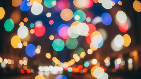 A dense collection of blurred, colorful circles of light in red, blue, yellow, and pink create a...の写真素材