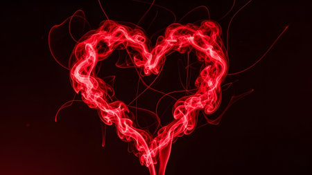 A heart shape formed from vibrant red smoke against a dark background with delicate, flowing...の写真素材