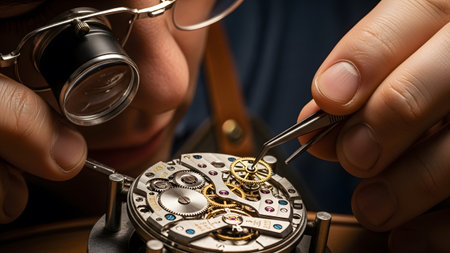 Detailed view of a watchmaker's hands and magnifying glasses working on a complex mechanical...