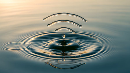 Sunset showing symbol formed by water droplets rippling on calm water surface at sunset....の写真素材