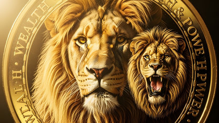 Two lions, one large and one smaller cub, are depicted within a golden coin's circular frame,...