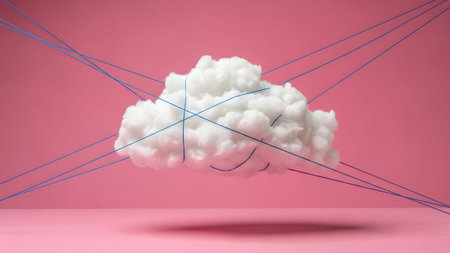 Background showing white fluffy cloud suspended by crisscrossing blue strings on a pink surface...の写真素材