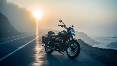 Vintage motorcycle parked on a coastal road at sunrise with sunbeams breaking...