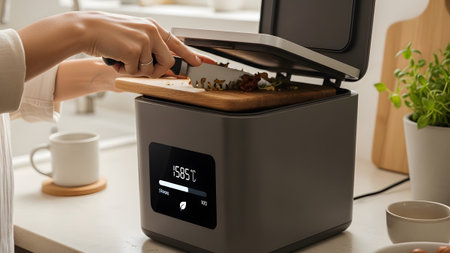 Settings showing woman chopping food scraps for composting machine with digital display showing...の写真素材