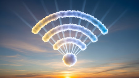 A wifi symbol made of clouds with yellow and blue hues, set against a sunset sky with light rays.の写真素材