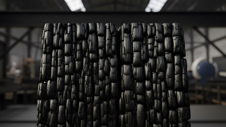 (823) showing wall of charred wood blocks with deep cracks and dark black texture in a large...
