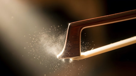 The wooden part of a violin bow is shown in sharp detail, with many small dust particles...の写真素材