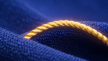 Rich blue textured fabric is dramatically accented by a shiny golden twisted rope, creating a...