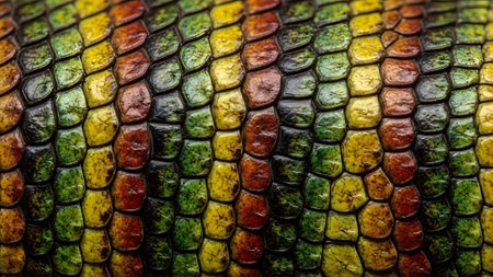 Reptile showing vibrant macro of colorful reptile skin with green yellow and red scales in a...