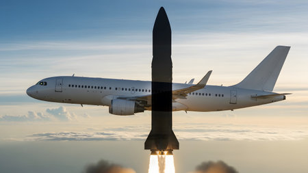 A white passenger airplane flies with a dark rocket launching from its center, set against a...