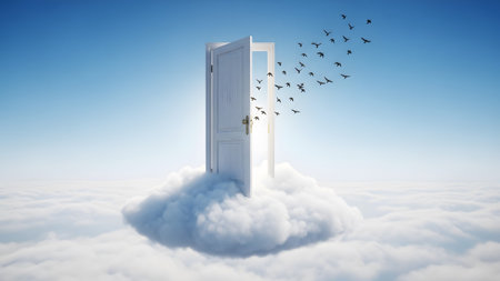 Opens showing white door on a cloud opens to a blue sky with birds flying out. resolution...の写真素材