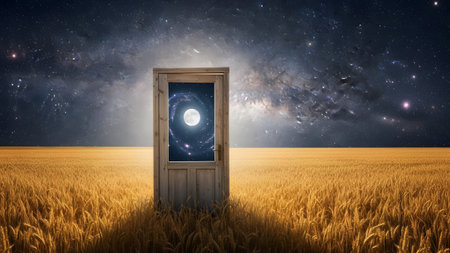 A wooden door stands open in a wheat field, revealing a view of a galaxy with a full moon at night.の写真素材