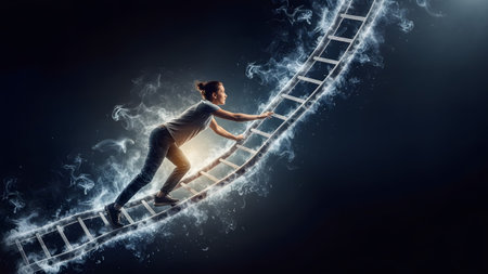 Energy showing woman climbing a glowing ladder with smoke and energy trails towards a bright...の写真素材