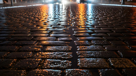 Wet cobblestone street at night reflecting colorful city lights and car headlights creating a...の写真素材