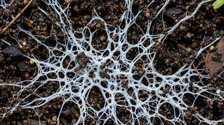 Particles showing white mycelial network spreading through dark soil with small brown particles...