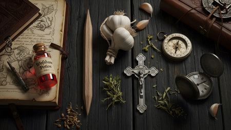 Potion showing vampire hunting kit with potion garlic and cross on wooden table. resolution...の写真素材