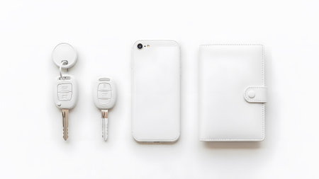 A white smartphone, car keys on a keychain, and a white leather notebook are laid out flat.