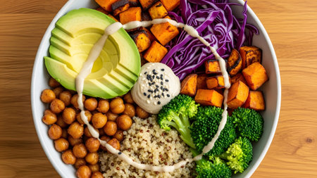 A white bowl brimming with healthy components like avocado, chickpeas, broccoli, sweet potato,...