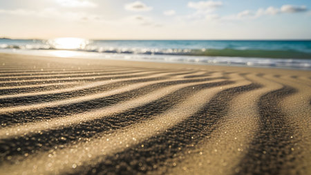 Patterns showing wavy sand patterns on a beach with ocean and sunlight in the background.の写真素材