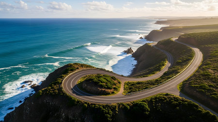 Stock showing winding coastal highway with ocean waves and green hills. resolution