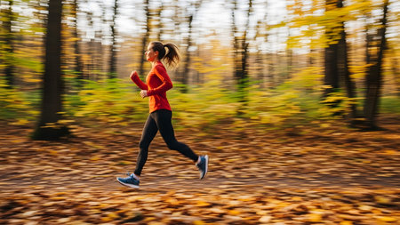 A woman in a red and black leggings runs through an autumn forest with blurred trees and fallen...の写真素材